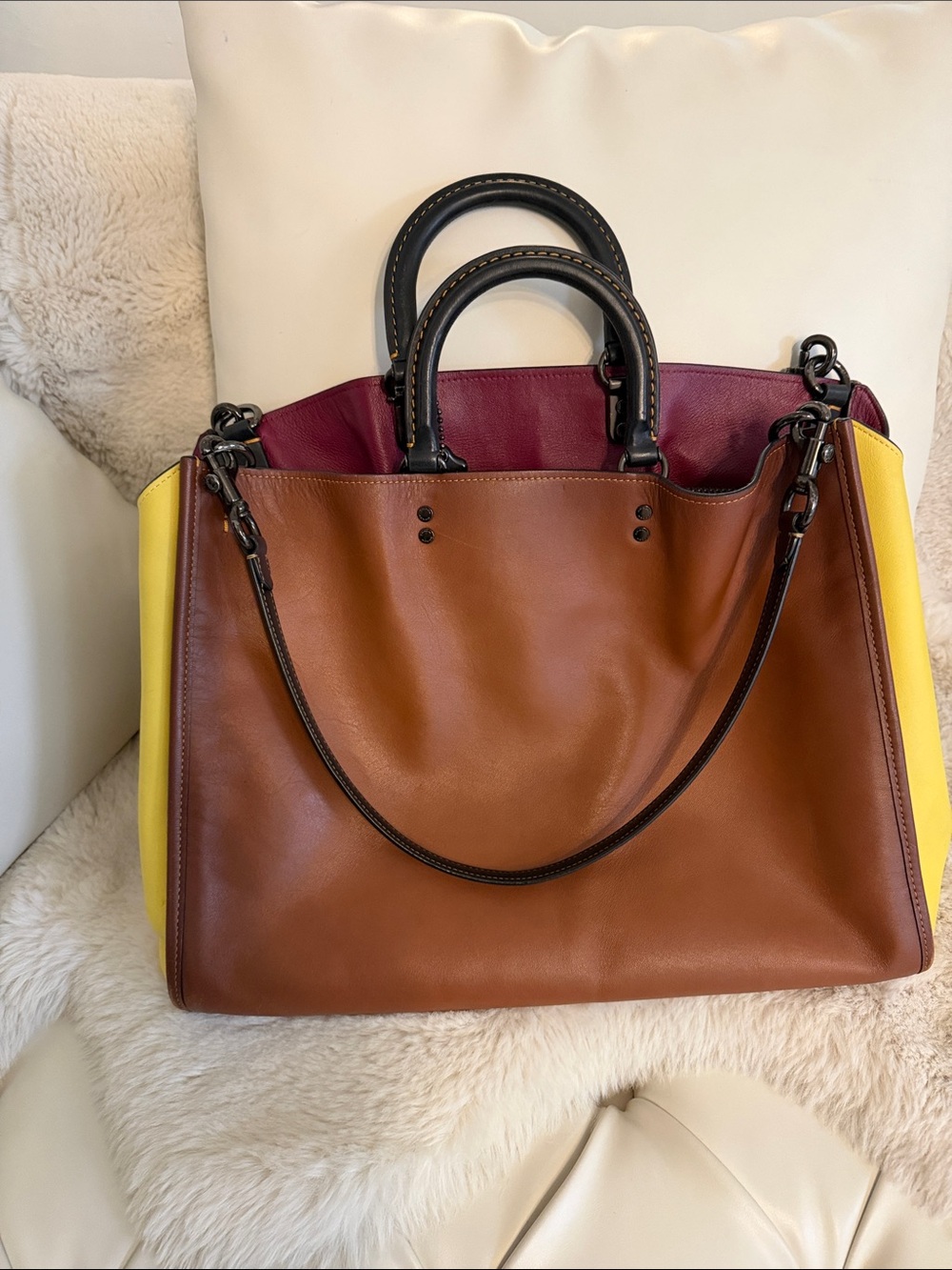 Coach Rouge Leather Colorblock Tote Bag in Brown, Yellow & Burgundy